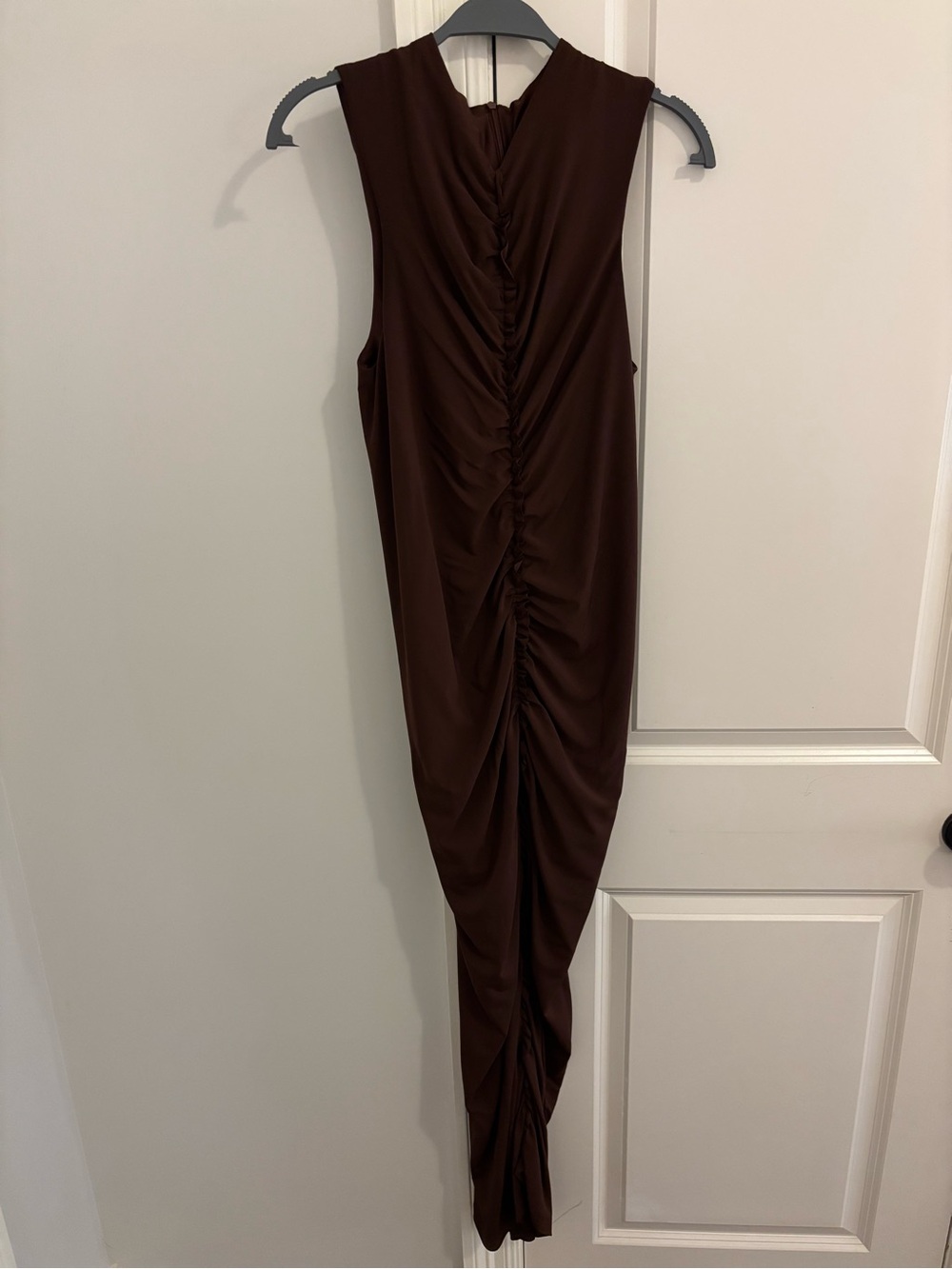 Zara Sleeveless Ruched Maxi Dress in Dark Brown